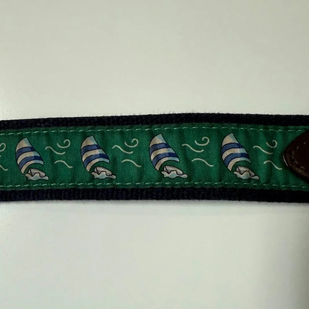 Vineyard Vines Belt Mens 36 Navy Green Sailboat Leather Brass Preppy USA Made